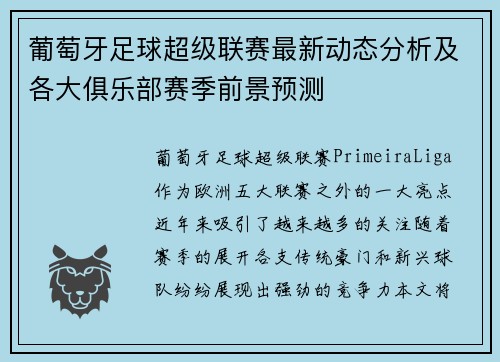 葡萄牙足球超级联赛最新动态分析及各大俱乐部赛季前景预测