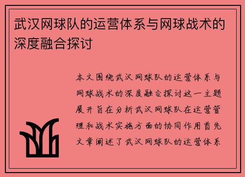 武汉网球队的运营体系与网球战术的深度融合探讨